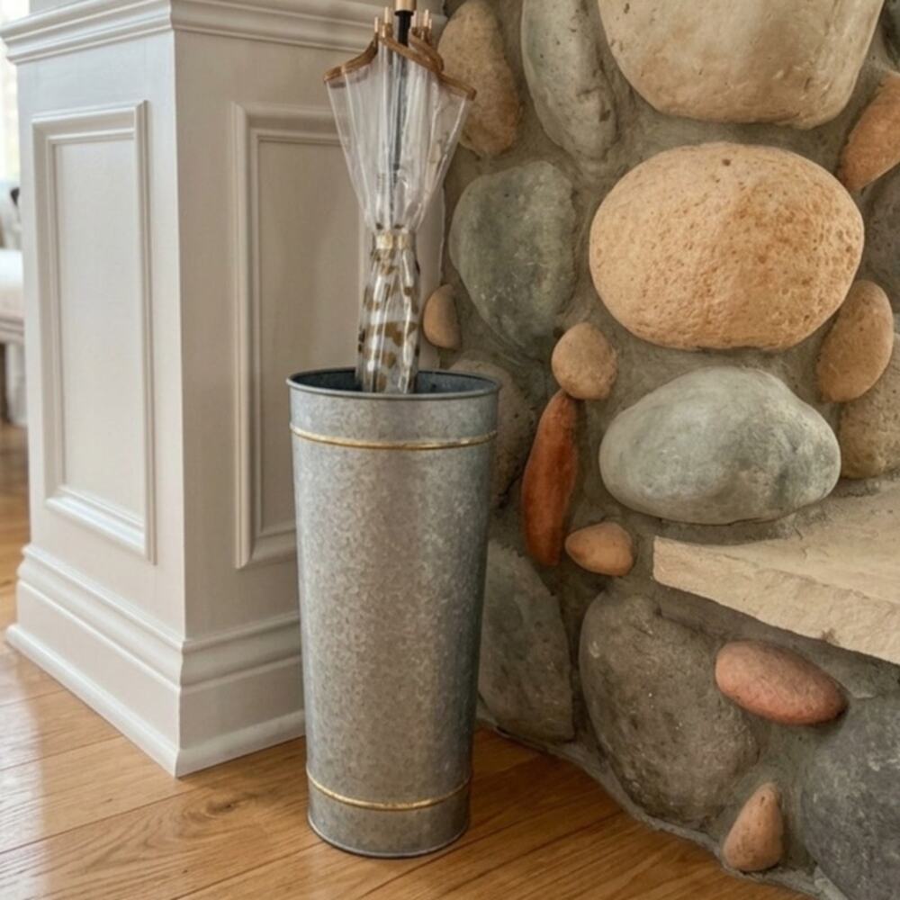 Rustic Galvanized Floor Vase Umbrella Holder Bucket Tapered Metal with Gold Rims